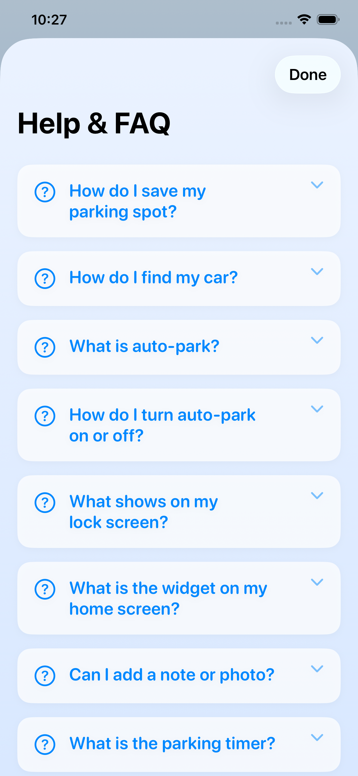 ParkDrop FAQ and help screen