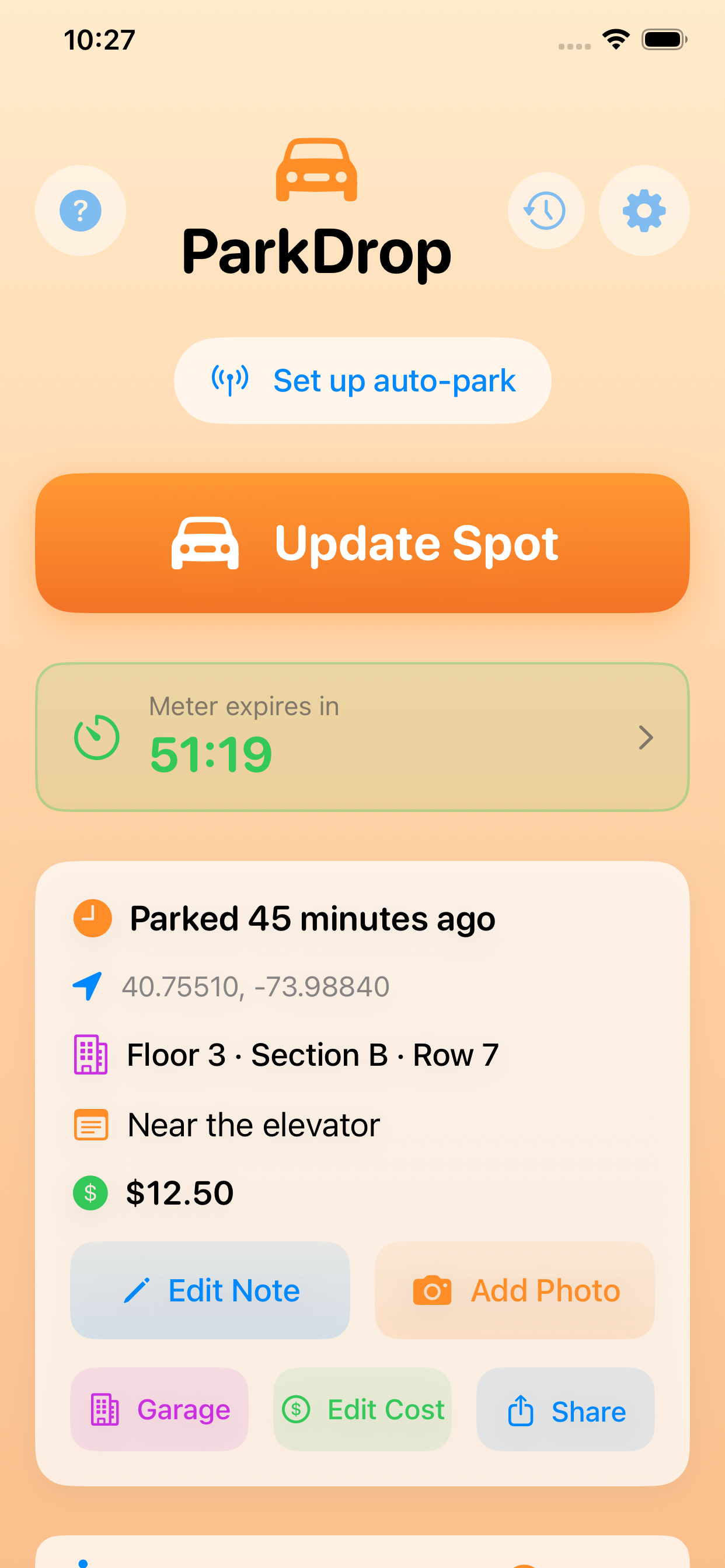 ParkDrop parked view with timer, map, and walking directions
