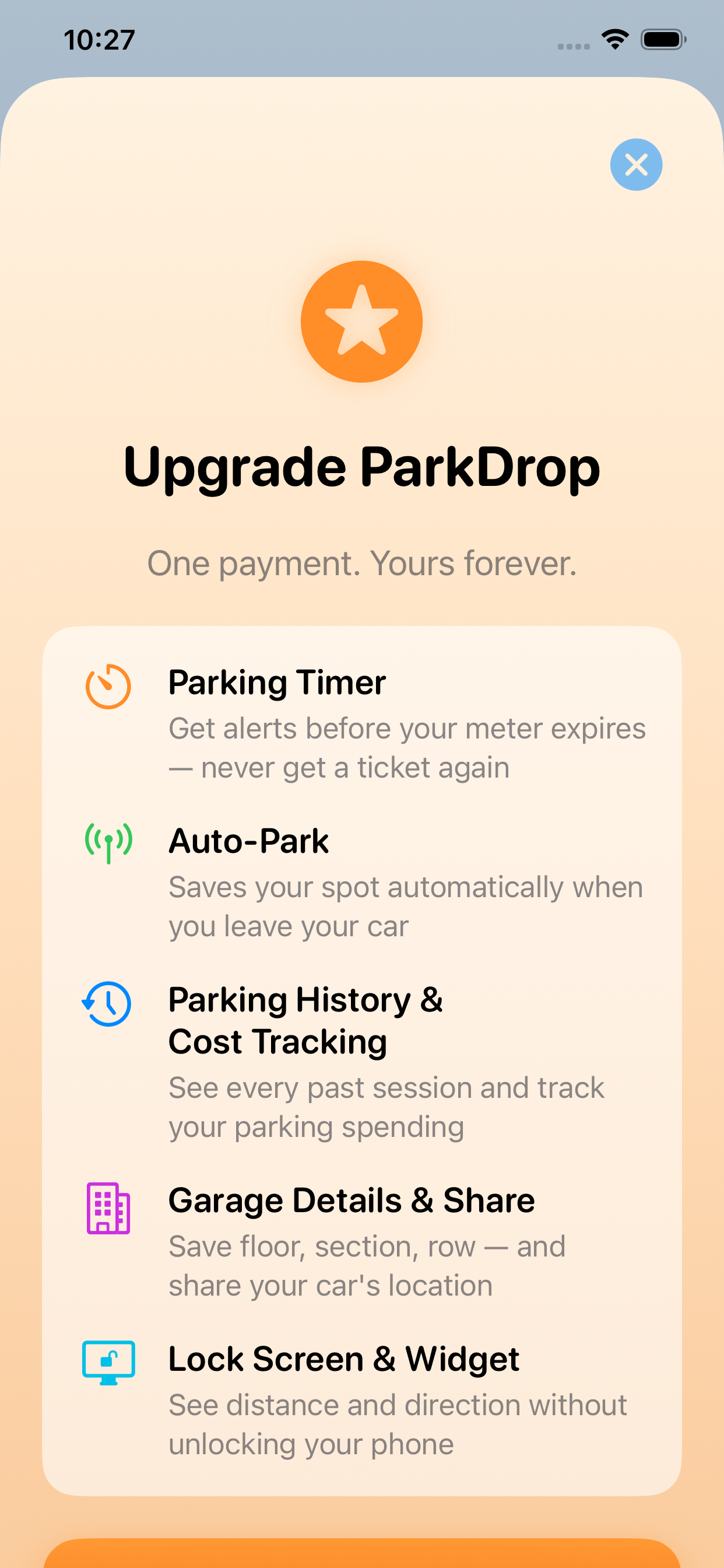 ParkDrop Pro features - parking timer, auto-park, history